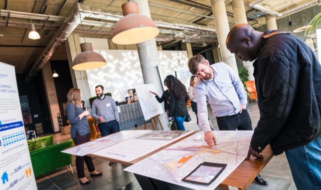 HS2 OOC Pop-Up Information Event, The Collective at Old Oak Nash House, Old Oak Common. Alan Phelan, Area Petition Advisor HS2, Talking to a member of the public.